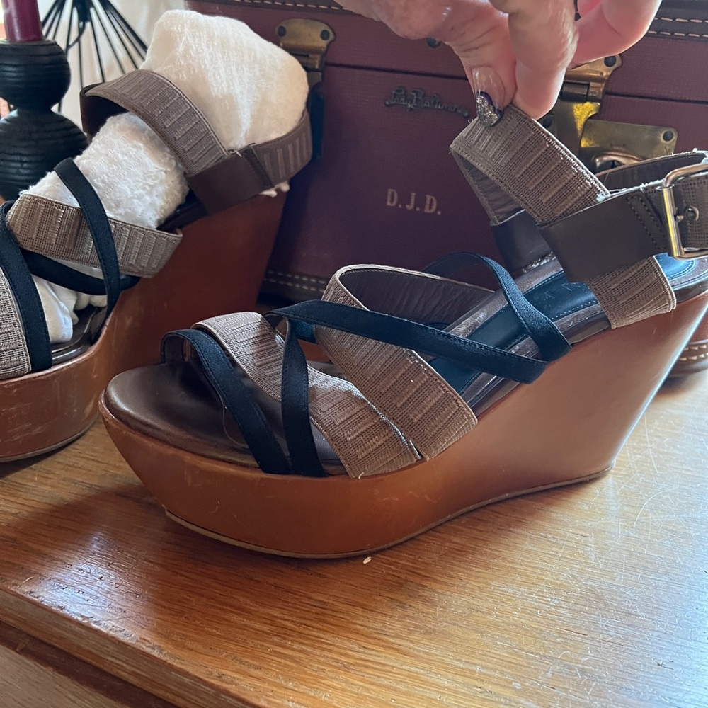 MARNI Black and Brown Wedge Shoes with Geometric Straps size 41 Italian 9US